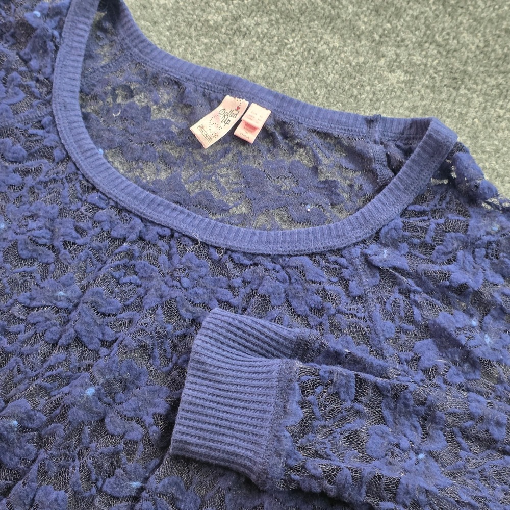 Dolledโ Up by Fang Floral Lace Top Sheer Blouse Long Sleeve Navy Blue XL Womens